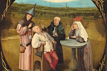 Vytahování kamene šílenství z hlavy, asi 1501 - 1505, Hieronymus Bosch (asi 1450-1516) Vytahování kamene šílenství z hlavy, asi 1501-1505 Olej na dubové desce; 48,5 × 34,5 cm S nápisem: Meester snijt die keye ras / Mijne name Is lubbert das. Madrid, Museo Nacional del Prado © Fotografický archiv Museo Nacional del Prado