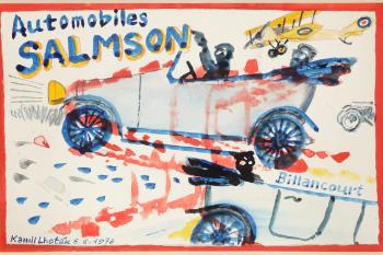 Kamil Lhoták, Atomobiles Salmson, 1973, akvarel na papíře, výřez pasparty: 16 x 24,5 cm, zdroj: Adolf Loos Apartment and Gallery Kamil Lhoták, Atomobiles Salmson, 1973, akvarel na papíře, výřez pasparty: 16 x 24,5 cm, zdroj: Adolf Loos Apartment and Gallery