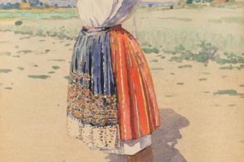 Joža Uprka, Stojící děvče, 1921, akvarel na papíře, výřez pasparty: 65 x 38 cm, zdroj: Adolf Loos Apartment and Gallery