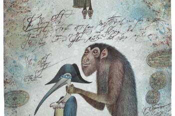 Adolf Born, Dvakrát o polidštění opice, barevná litografie, výřez pasparty 50 x 34 cm, zdroj: Adolf Loos Apartment and Gallery
