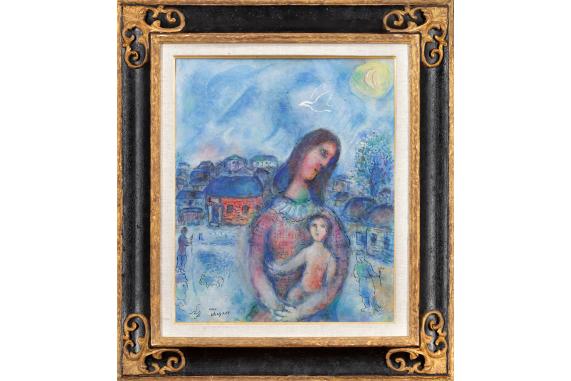 Chagall Marc, Maternité sur fond bleu (Mateřství na modrém pozadí),1976, olej, tempera a tuš na plátně. Zdroj: Adolf Loos Apartment and Gallery