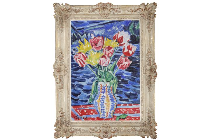 Václav Špála, Tulipány růžové a žluté v puntíčkovaném džbánu na karp. dece, pozadí Otava bouř, 15.4.1939, olej na plátně, 72 x 50 cm, zdroj: Adolf Loos Apartment and Gallery Václav Špála, Tulipány růžové a žluté v puntíčkovaném džbánu na karp. dece, pozadí Otava bouř, 15.4.1939, olej na plátně, 72 x 50 cm, zdroj: Adolf Loos Apartment and Gallery